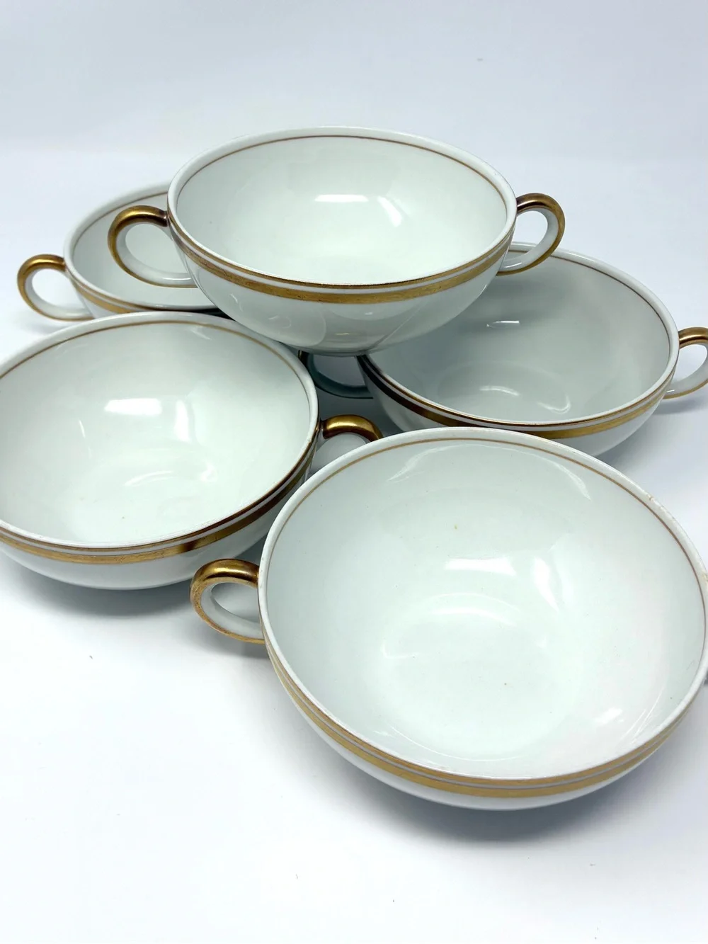 O.P. CO Syracuse China OLD COLONY CREAM Soup BOWL Cup Wide Gold Rim Vtg Set of 5